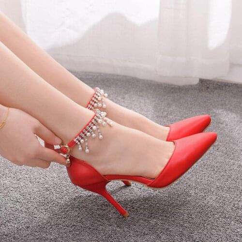 Crystal Queen Women Wedding Shoes RhinestonesTassel Sexy Pearl Sandals Dance Dress Shoes Bridal Elegant Ankle Strap Party Pumps