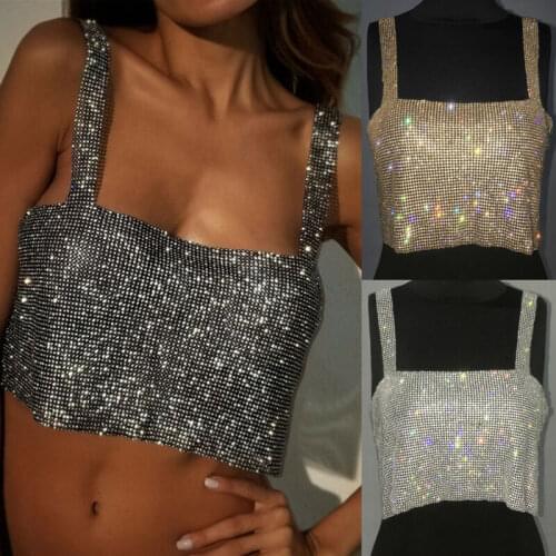 Women Nightclub Sparkly Rhinestone Party Tank Summer Beach Crystal Metallic Mesh Bustier Halter Draped Bra Crop Top Camisoles