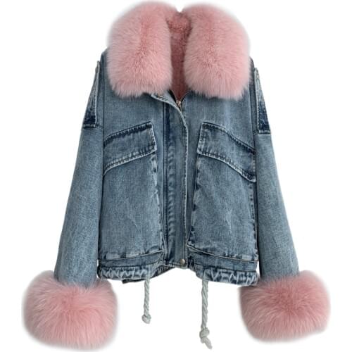 Removable Natural Rex Rabbit Fur Inner Women Coats and Jackets Fox Fur Collar New Winter Female Real Fur Denim Coat 2019 Parkas