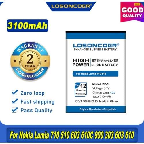 100% Original LOSONCOER BP-3L 3100mAh Battery For Nokia Lumia 710 510 603 303 603 610 3030 505 610C 900