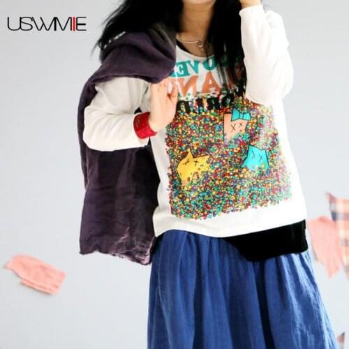 Free Shipping T Shirt Women Simple Printed Long Sleeve Casual Childlike Print White Outer Wear Basic Comfort Tee Shirt Femme