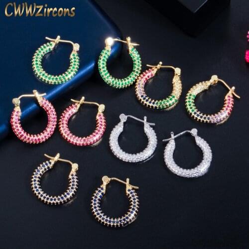 CWWZircons Elegant Round Shape Gold Color Blue Green Cubic Zircon Small Hoop Earrings for Women Fashion Korean Jewelry CZ822