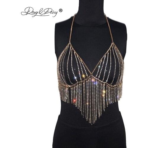 DAVYDAISY Women Sexy Bra Chain Rhinestone Crystal Bling Tassel Bralette Crop Tops Intimates Sexy Lingerie Erotic Bras BR034