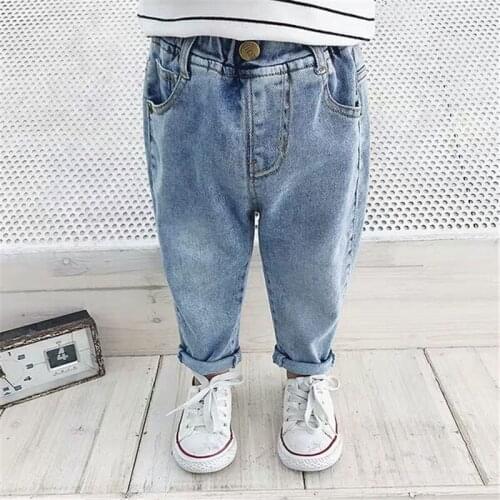 Kids Casual Jeans 2021 Spring Autumn Bottom Elastic Waist Long Trousers for Children Loose Denim Pants with Pocket Straight Pant