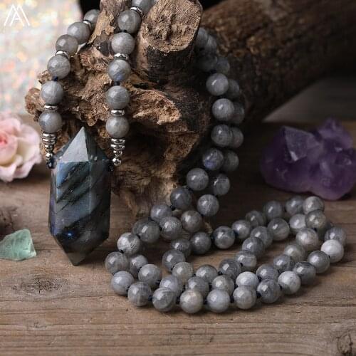 Natural Labradorite Stone Double Point Pendant Labradorite Stone Round 8m Beads Cord Knotted Handmade Necklace Yoga Jewelry