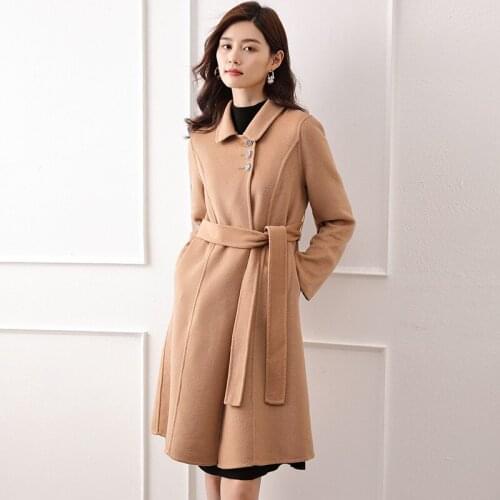 Hot new product FRSEUCAG brand ladies double-sided woolen 100% wool coat solid color long-sleeved knitted fashion slim coat