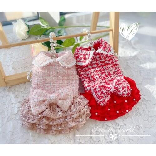 Handmade Classic Tweed Dog Coat Dress Pet Clothes Outfit Pearl Lace Skirt Princess Gentlewoman Style Yorkie Poodle Drop Shipping