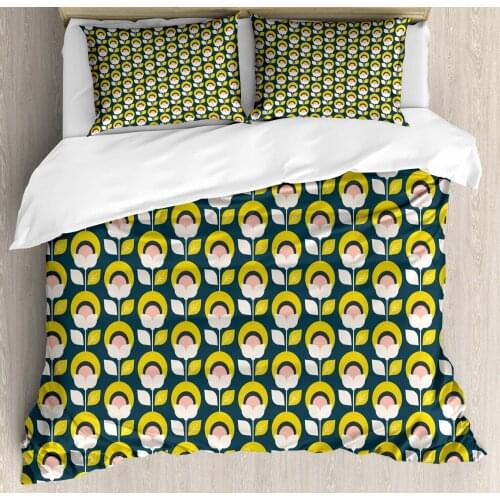 Abstract Duvet Cover Set Retro Layout of Geometric Flower Silhouettes 3 Piece Bedding Set Mustard Blush Dark Teal