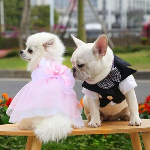 Dog Lace Tullle Dress Pet Dog Skirt Clothes Wedding Bowknot Dress Pet Groom Suit Puppy Costume For Small Dog Cat Teddy Bichon