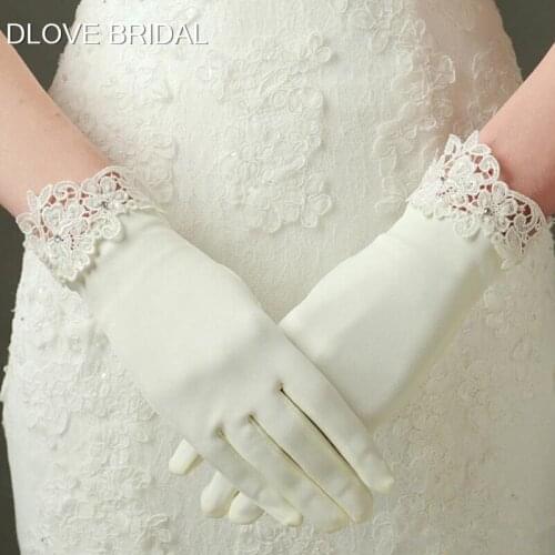 Ivory Matte Satin Bridal Gloves Short Lace Trim Wedding Bridal Accessory Wrist Length Prom Party Glove