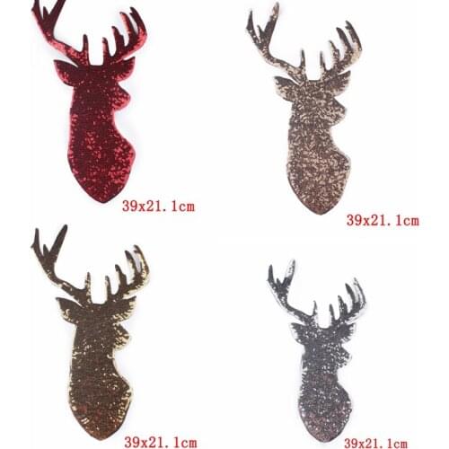 Pulaqi trendy style Elk Gold Deer Sequin Appliques Embroidery Iron On Patches Fabric Sewing Patch Stickers For Clothing DIY