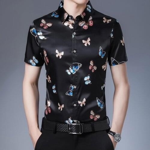 Mens Satin Silk Shirts Butterfly Pink Shirts Elegant Fashion Mens Clothing 2020 Summer Black Dress Plus Size Blouse Large Sizes