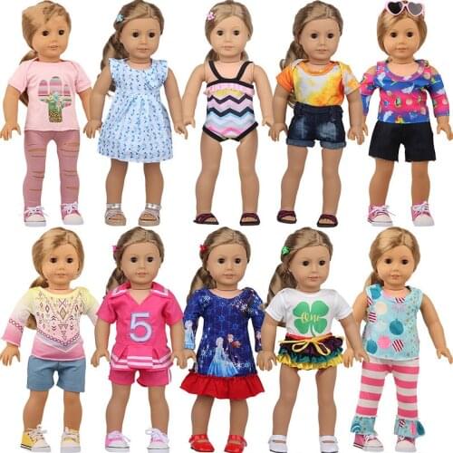 2021 New Pattern Ten Piece Print Dress Two Piece Combo Set Fit 18 Inch American 43cm Baby Doll Clothes Accessories,Girls Toys