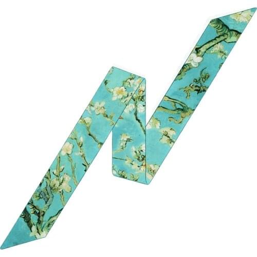New Design Apricot Flower Scarves Oil Print Ribbon Long Neckerchief Women Silk Scarf Fashion Headband Bag Accessories