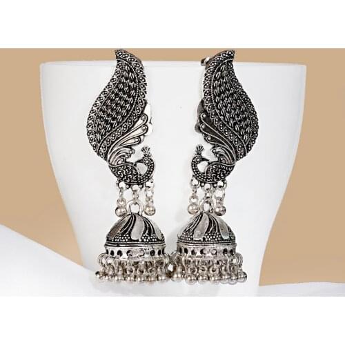 Retro Ethnic Style Oxidized Jewellery Color Afghan Long Tassel Bead Drop Flower Peacock Jhumka Indian Earrings Wedding Jewelry