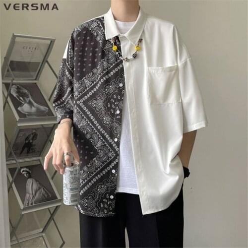 VERSMA Korean Casual Chic Short Sleeve Vintage Shirt Men Summer Stitch Oversized Streetwear Unisex Shirts Male 5XL Dropshipping