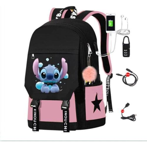 Cartoon Stitch Laptop Backpack Woman Men Canvas Capacity Travel bag USB Charging Port Schoolbag