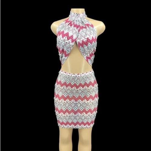 Silver Rhinestone Sexy One-piece Mini Dress Women White PINK Dancer Prom Outfit Evening Birthday Celebrate Costume