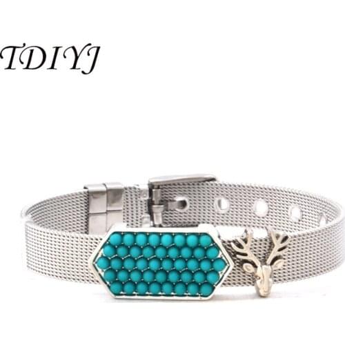 TDIYJ High Quality KEEPER Mesh Stainless Steel Keeper ing Bracelet with Geo Bar Deer Slide Charms 1Set