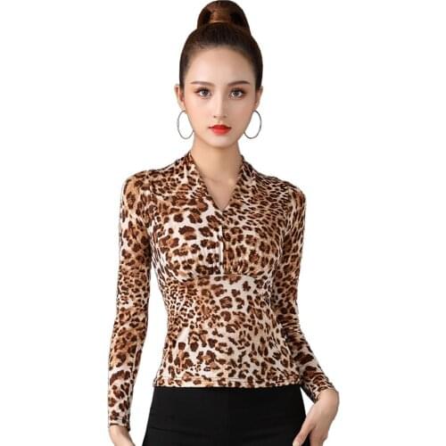 Autumn Long Short Sleeves Leopard Women Latin Dance Tops Ballroom Dancing Costume Clothes Tango Chacha Dancing Practice L001C