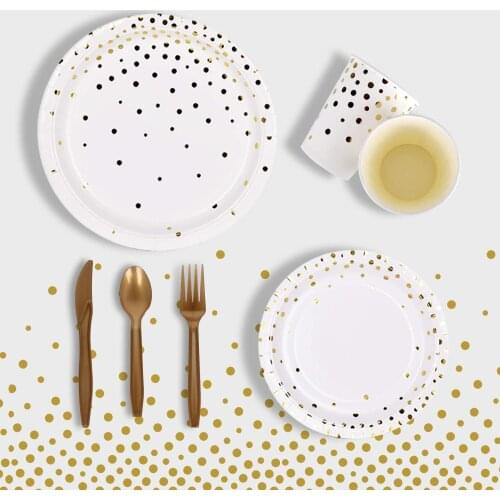 Birthday Party Decorations Supplies Tableware White Gold Disposable Dinnerware Paper Plates for Graduation Wedding Favors
