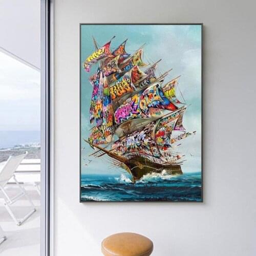 Storm on The Sea Graffiti Art Pirate Ship Vintage Canvas Painting Posters and Prints Living Room Art Wall Decoration Painting