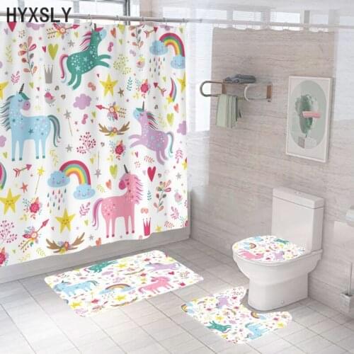Cartoon Unicorn Waterproof Print Shower Curtain 4 Pieces Carpet Cover Toilet Lid Bath Mat Pad Set Bathroom Curtain Screen Hooks