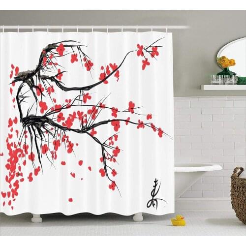 Nature Shower Curtain, Sakura Blossom Japanese Cherry Tree Garden Summertime Vintage Cultural Print