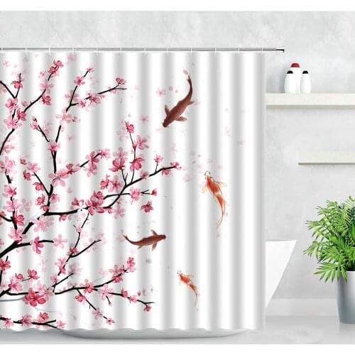 Pink Plum Flowers Shower Curtains Fabric Bathroom Decor Screen Floral Chinese Style Carp Ink Painting Art Hooks Bathroom Curtain