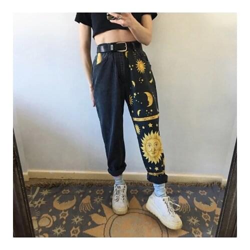 New women Korean style straight casual jeans high fashion star and moon print high waist trousers with pockets washed denim
