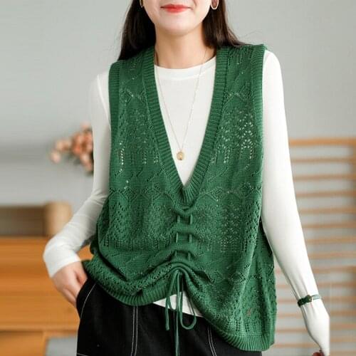 QPFJQD Ladies Cotton Vest V-Neck Sleeveless Spring Autumn Women Retro Fashion Belt Hollowed Out Solid Color Loose Vests