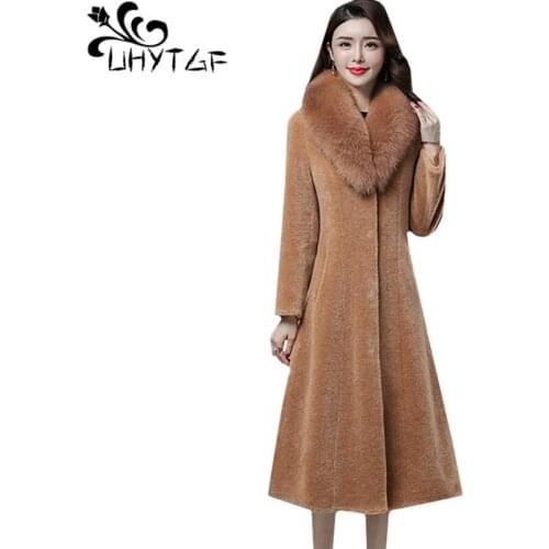UHYTGF Fox fur collar winter fur coat women new quality granule sheep shearing fur jacket casual warm long coat 4XLplus size 922