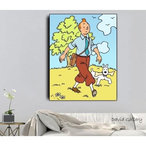 100% Hand Painted Oil Painting With Popular Art Graffiti Artworks TINTIN Cartoon On Canvas For Kids Room