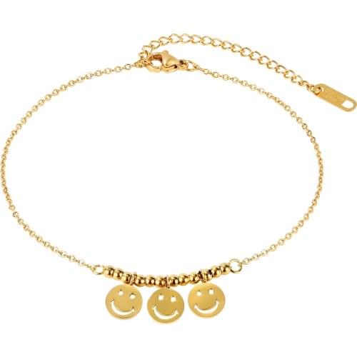 Gold Color Stainless Steel Three Round Smiley Beads Womens Anklets Foot Chain Bracelets On Leg Beach Jewelry Accessories Anklet