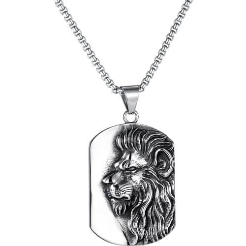 Vintage Punk Tag Lion Pendant Mens Necklace Stainless Steel Streetwear Neck Chain Hip Hop Jewelry Accessories Necklaces Gifts