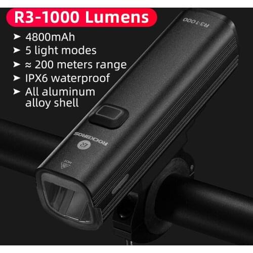 ROCKBROS Bicycle Light Cycling Front Light 1000Lumen 4800mAh Power Bank USB Chargeable Waterproof MTB Bike Lamp Accessories