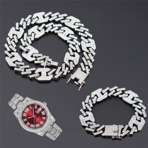 17MM 3pcs Kit Hip Hop AAA+ Iced Out Alloy Rhinestones Coffee Bean Prong Cuban Necklace+Watch+Bracelet Bling For Men Jewelry