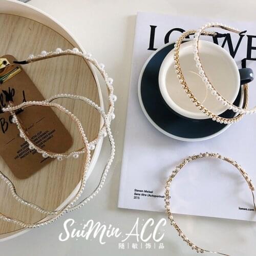 Korean versionThin metal pearl headhoop ins hair accessories rhinestone wave headband womens full diamond braided headhoop