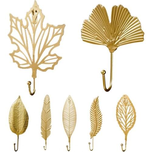 Nordic Leaf Shape Hook Creative Golden Coat Rack Adhesive Holder Wall Coat Key Hanger Free-Hole Home Wall Hanging Decoration