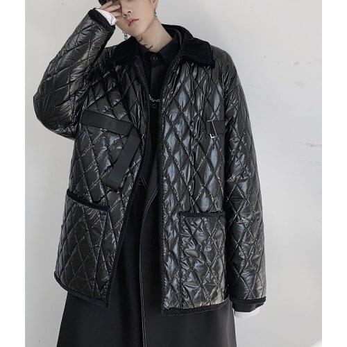 Black Plaid Casual Cotton Padded Jacket Male Japan Style Loose Streetwear Hip Hop Gothic Ribbon Outerwear Parka Coat Erkek Mont
