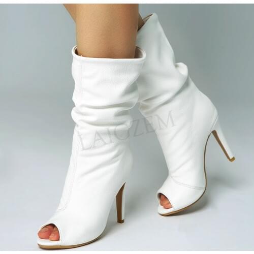 LAIGZEM Women Slouch Boots Slip On White Heeled Ankle Boots Stiletto Custom Shoes Woman Botines Mujer 2020 Large Size 47