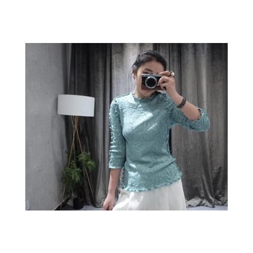 HOT SELLING Miyake fashion 7 minutes of sleeve o-neck fold ruffles T-shirt IN STOCK