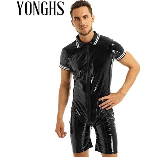 Mens Lingerie Latex Bodysuit Wet Look Patent Leather Short Sleeve Front Zipper Boxer Briefs Leotard Bodysuit Underwear Nightwear