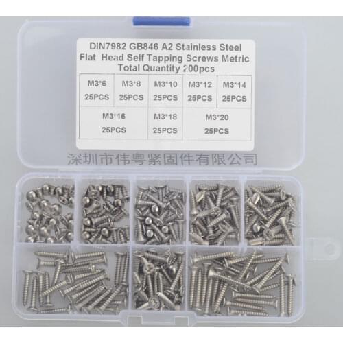 Free shipping 200 pcs 304 stainless steel m3 cross countersunk flat head self tapping screw sets