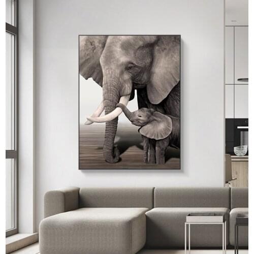 Poster Elephant Mother and Child Animal Canvas Painting Wall Art Nature Home Decoration for Living Room and Bedroom Frameless