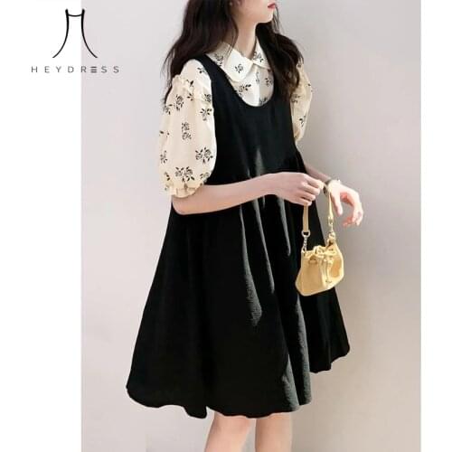 Heydress Summer Japanese Summer Casual Black Dress puff sleeve 2 Piece dress Women Elegant A-line Harajuku Kawaii Preppy Dress