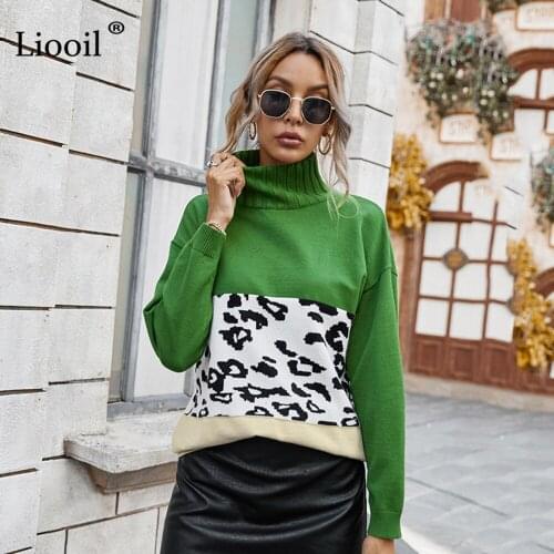 Casual Patchwork Leopard Print Knit Sweater Women 2020 Autumn Winter Clothes Long Sleeve Turtleneck Female Pullovers And Jumper
