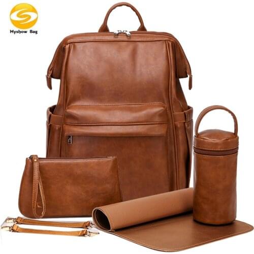 PU Leather Diaper Backpack Baby Bag For Mom Leather Waterproof Brand High Quality 5 Pieces Maternity Travel Backpack Hooks