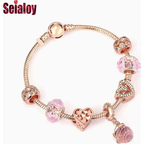 Seialoy Rose Gold Butterfly Crystal Ball Dangle Charm Bracelets For Women Pink Heart Bead Bracelet Couple Friends Birthday Gift