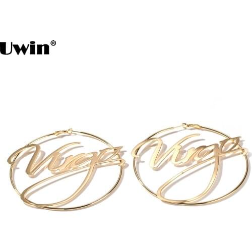UWIN Custom Name Earrings Personalized Letter Big Hoop Charm Earrings Trendy Women Jewelry Best Gifts 30MM-100MM Copper Earrings